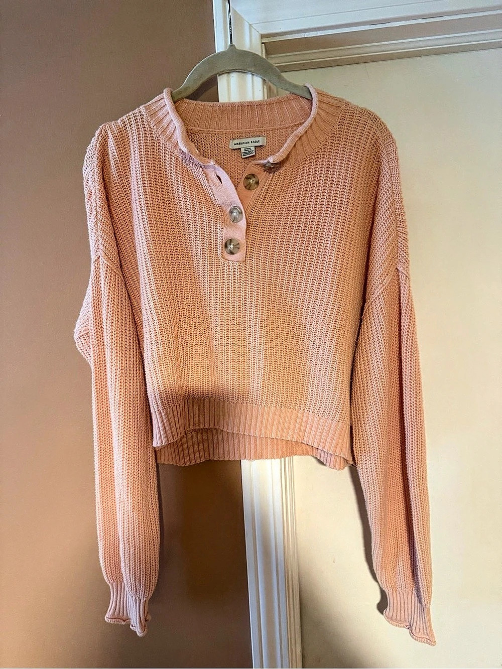 American Eagle Cropped Knit Cardigan in Pink Size Medium